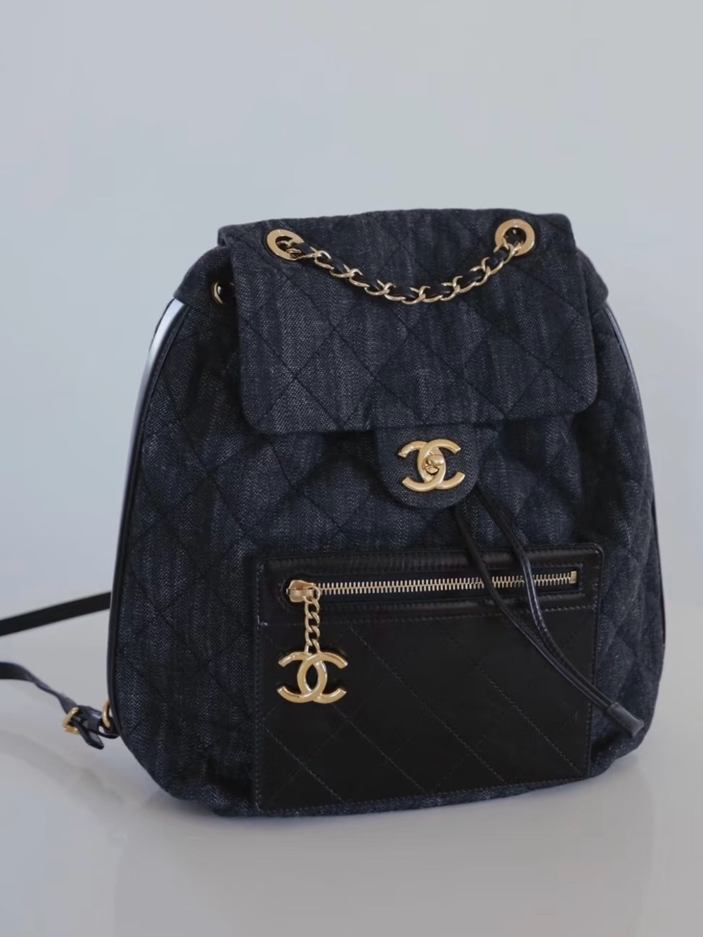 CHANEL Blue Quilted Denim Backpack with Gold Hardware